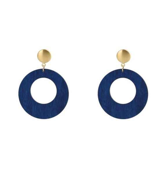 Earrings Wood Round Blue  - 1