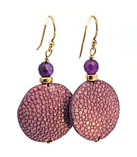 Earrings stingray leather lilac with Amethyste  - 2