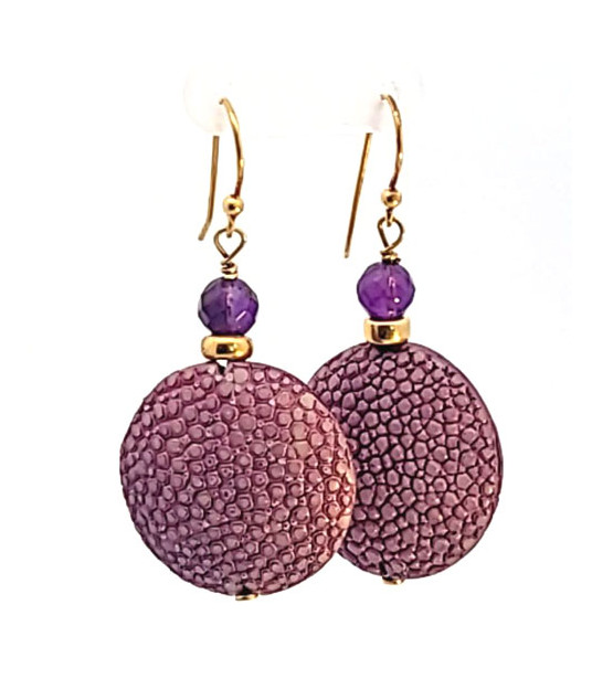 Earrings stingray leather lilac with Amethyste  - 1