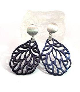 Ear pendant mother-of-pearl leaf small, dark blue  - 1